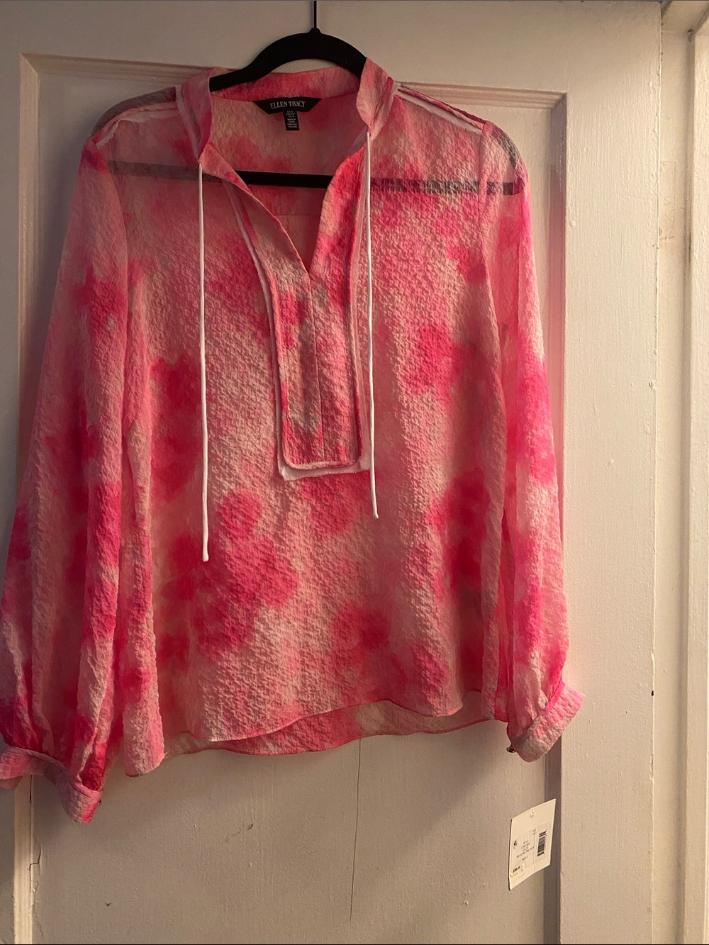 Ellen Tracy Pink Tie-Dye Peasant Top